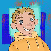 An icon of me, a man with short curly blond/brown hair, blue eyes and a big smile. Wearing a yellow hoodie with drawstring.